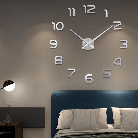 Horloge murale, autocollant, horloge murale moderne, sans cadre, horloge murale 3D, chiffres romains, autocollant miroir, art, décoration d'intérieur, bricolage, grande montre pour bureau (argent 1) (1/5)