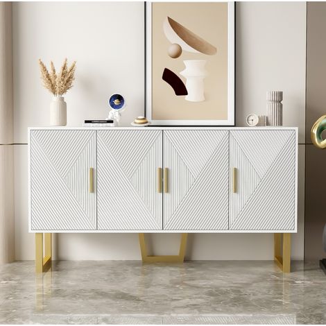 Aparador 150x40x82 cm con puertas texturizadas laqueadas y manijas doradas, 4 puertas y estantes ajustables, en MDF, blanco (1/5)