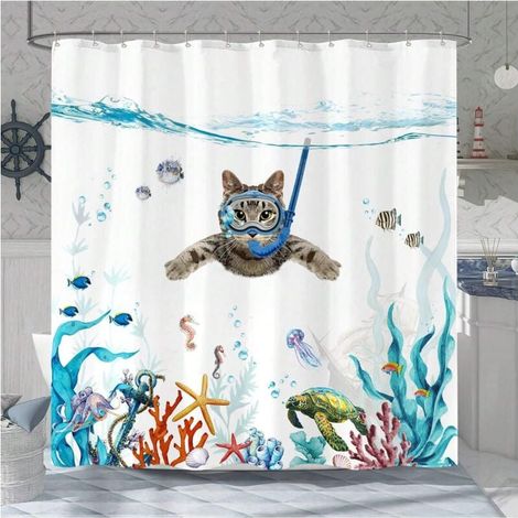 Rideau de douche motif chat amusant, tissu imperméable bleu sarcelle avec motif animalier, pieuvre, étoile de mer, tortue, ancre, poisson, décoration de salle de bain nautique (bleu, 180 x 180 cm) (1/4)