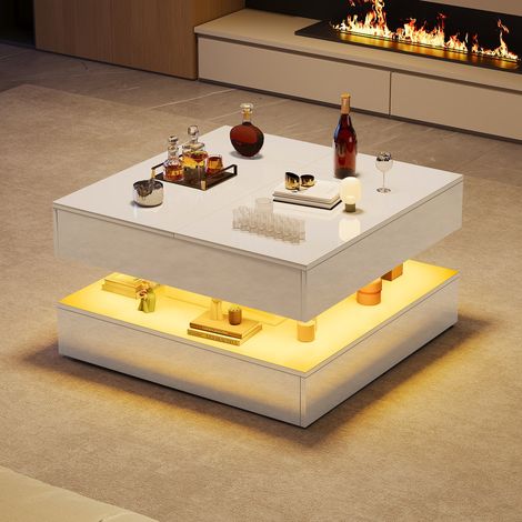 Table Basse coulissante,avec Lumières LED Réglables,2 Tiroirs et 2 Niveaux de Rangement,App Contrôle et Télécommande,Blanc Brillant (1/5)