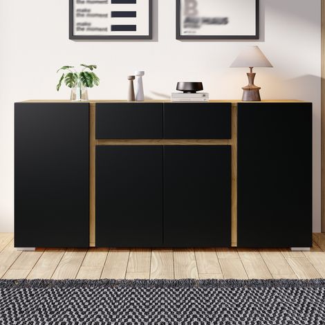 Credenza 140/35/70 cm nera e effetto legno con 4 ante, 2 cassetti e ripiani regolabili (1/5)