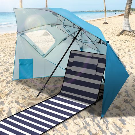 Jiubiaz Strandschirm 210 cm UV Schutz 50+,  wasserabweisend mit Tragetasche für Strand Garten Camping Himmelblau
