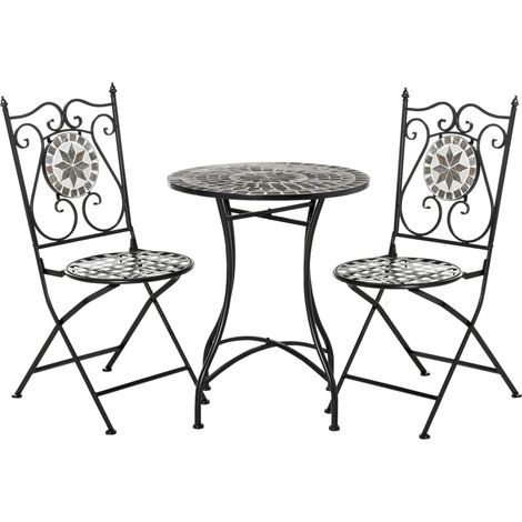 Garten Sitzgruppe für 2 Personen Balkonmöbel Set Mosaiktisch+faltbare Stühle Metall Keramikfliese Mehrfarbig