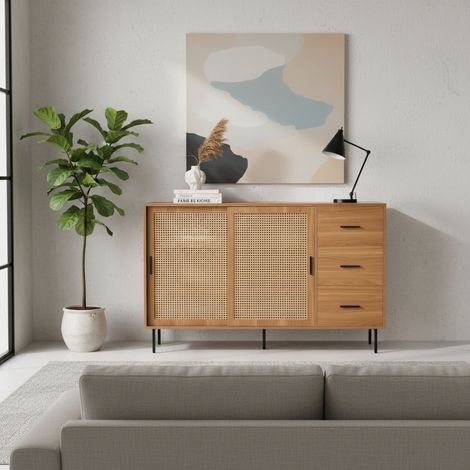 URBAN MEUBLE Buffet vintage effet bois et 2 portes coulissantes en rotin tressé et 3 tiroirs 140x37x91cm (1/5)