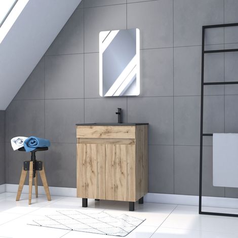 meuble salle de bain 60x80 - finition chene naturel - vasque noire + miroir led - timber 60 - pack02 (1/5)