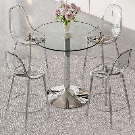 Ensemble bar modulable : table en verre de 89 cm + 4 tabourets de bar transparents – spécialement conçu pour les cuisines ouvertes européennes. Structure en métal argenté avec repose-pieds confortable