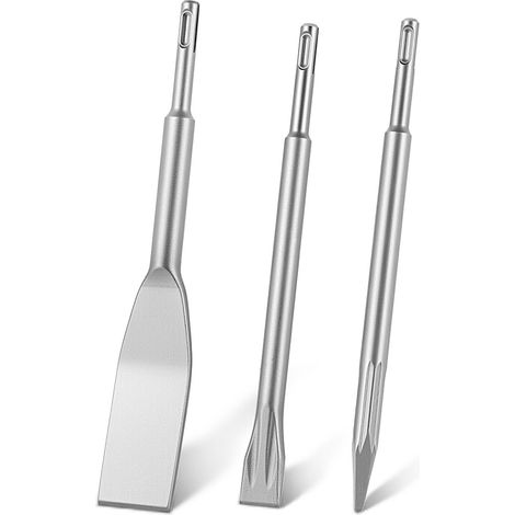 Jeu de Burins SDS Plus, 3 Pièces, Accessoires pour Marteau Perforateur, Burins de Bêche Coudé, Plat, Pointu en Acier Allié 40Cr Trempé, pour Démolition, Carrelage, Béton, Pierre, Brique (1/5)