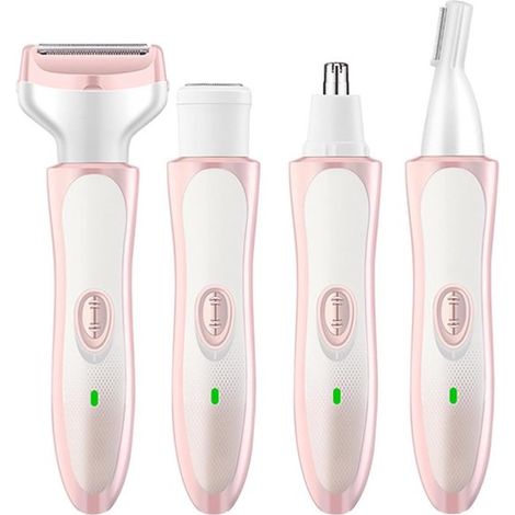 Set de depilación multifuncional recargable 4 en 1, afeitadora resistente al agua para rostro, cuerpo y nariz, color rosa y blanco. (1/4)
