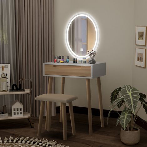 Puluomis Dressing Table with LED Lights Mirror, Vanity Makeup Table Set with Adjustable Brightness Mirror, Cushioned Stool and Free Make-up Organizer, Single Drawer, Wood-color (1/5)