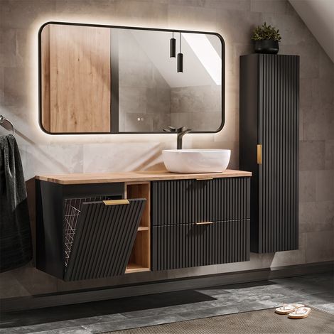 Conjunto mueble lavabo individual 140cm 2 compartimientos cesto y columna Adriel Negro y Madera (1/4)