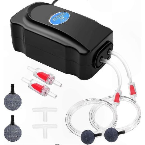 Pompe à air pour aquarium à double sortie réglable 3W/8W pour aquariums de 5 à 300 L, ultra silencieuse, avec pierre à air, clapet anti-retour et tuyau de 1,5 m/2 m. (1/5)