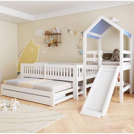 Cama infantil con tobogán y cama supletoria (307x155.3x173.7 cm), escalera lateral, cajones, madera maciza blanca (1/5)