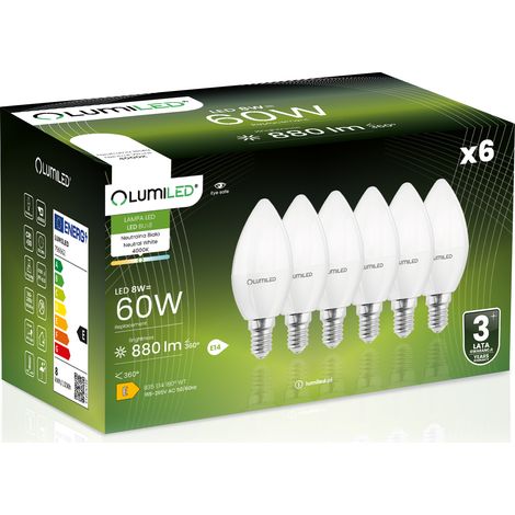 6 lampadine LED E14 a candela B35 8W = 60W 880lm 4000K Neutro 180° illuminato (1/5)