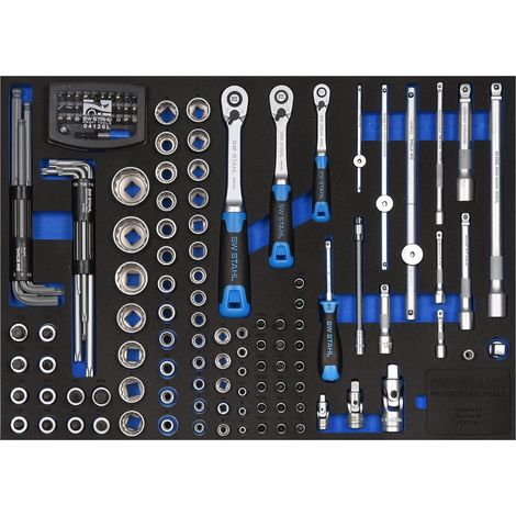 Assortiment de chariots d'atelier SW-Stahl Z3011-14, clé à douille 1/4', 3/8', 1/2', avec cliquets, 144 pièces I inserts pour chariot à outils I équipement d'atelier professionnel I insert à outils éq