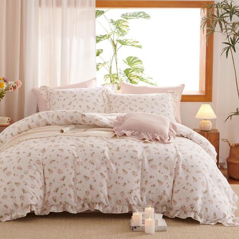 Parure de lit réversible à volants 200 x 200 cm - Motif fleurs roses - Feuilles esthétiques - Parure de lit réversible - Pour personnes allergiques - Housse de couette (1/5)