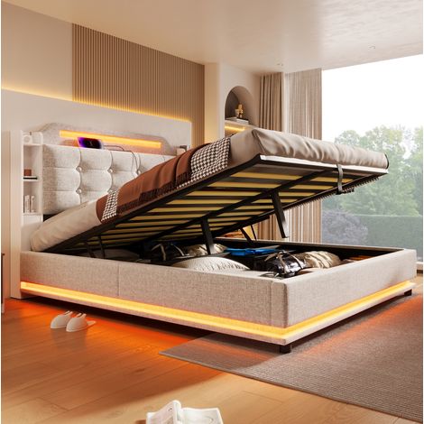 Letto matrimoniale contenitore LED in lino 140x200 OKMYHOME (1/5)