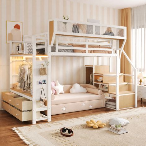 Letto a soppalco in metallo 283x145x191 cm, con scaletta e spazio contenitivo, bianco (1/5)