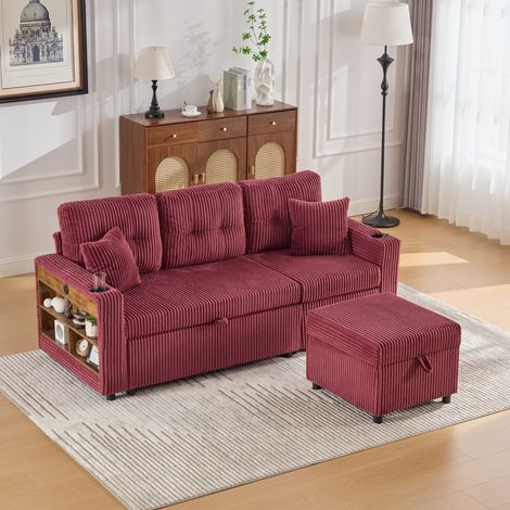 Divano letto 3 posti in velluto a coste con contenitore, USB-C e LED, bordeaux HAVRYA (1/5)