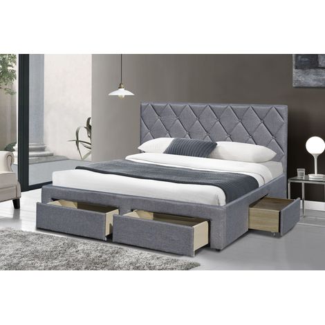 Lit tissu gris tête capitonnée et 4 tiroirs 160x200cm avec sommier Tina (1/5)