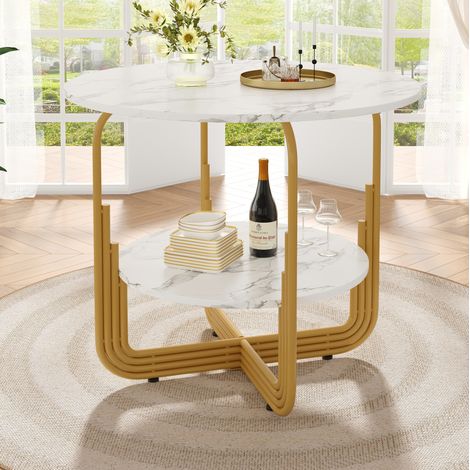 Mesa de comedor redonda 80 x 80 x 76 cm en MDF efecto mármol, dorada DESVIAE (1/5)