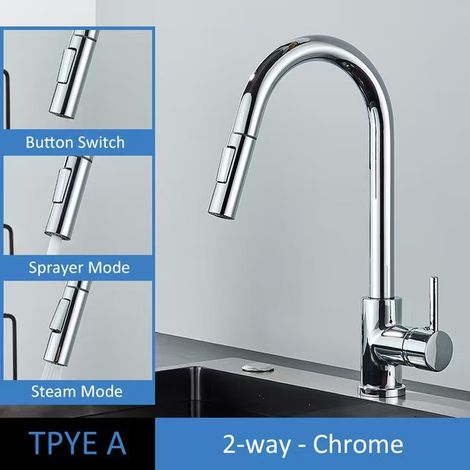 Cross-border 304 stainless steel pull-out kitchen faucet, brushed gold hot and cold water faucet, lead-free sink faucet - electroplated [straight pull-out head]