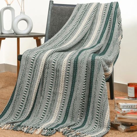 Couverture de Lancer Vert avec Gland décoratif 50x60 Pouces 100% Coton à Rayures Souples pour canapé Chaise lit décoration intérieure (1/5)