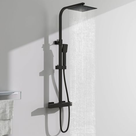 Aica Sanitaire – Colonne de douche thermostatique – Mitigeur en laiton – Douche de tête 20x20cm – Réglable 725-1175 mm – Anti-brûlure noir mat (1/5)