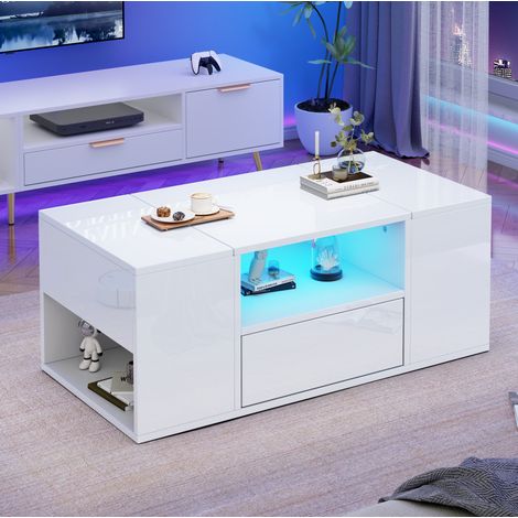 Table basse 100x50x40 cm blanche en panneaux de particules avec LED, rangements multiples et finition brillante (1/5)