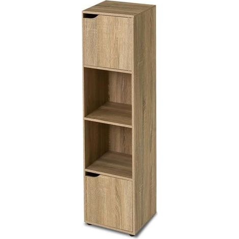 Colonne meuble de rangement - JUANIO - 30 x 29 x 120 cm - Chêne - MDF imitation bois - 2 portes 2 niches (1/3)