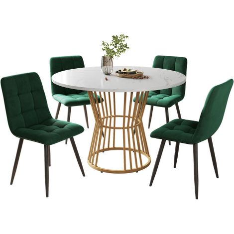 Table ronde 100cm MDF blanc, pieds métal doré, 4 chaises velours vert (1/5)