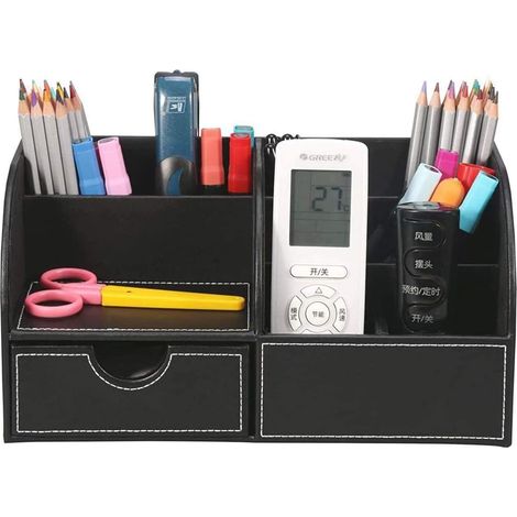 Organizador de escritorio de piel sintética con 7 compartimentos, accesorios de escritorio, caja de almacenamiento, caja para guardar material de oficina, color negro (1/4)