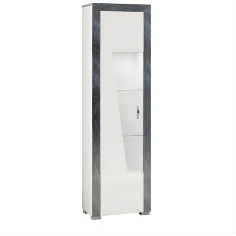 Vitrine gauche 1 porte avec leds laqué blanc et imitation granit gris - NEWELL