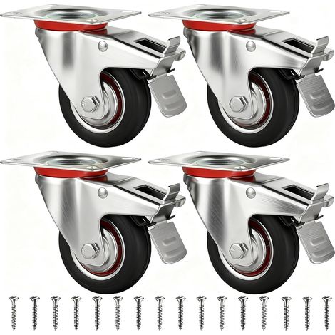 Roulette Charge Lourde - roulettes Pour Meubles - roulettes Pivotantes - 80mm Roulettes En Caoutchouc Résistantes Avec Frein, Lot De 4 Capacité 240 Kg, Parfaites Pour Meubles, Étagères Et Chariots (1/5)