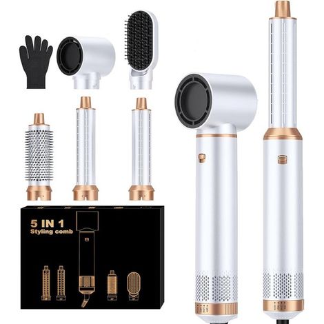 Brosse Sèche-Cheveux 5-En-1 - Blanc - Kit de Coiffure Amélioré à Ions Négatifs - Brosse à Boucler et à Lisser à Air - Cadeau pour Coiffer, Boucler, (1/5)