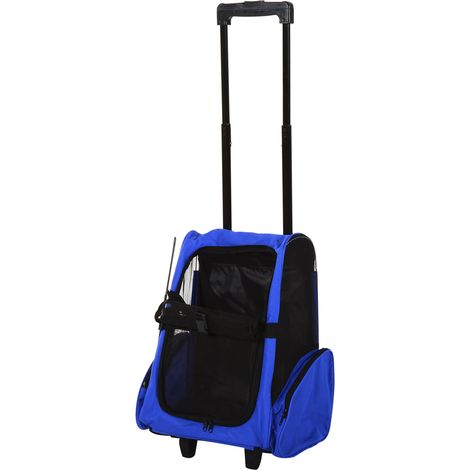 2-in-1-Transportbox für Hunde und Katzen, mit Seitentaschen, Teleskopgriff und Rollen, 42 x 25 x 55 cm, hellblau