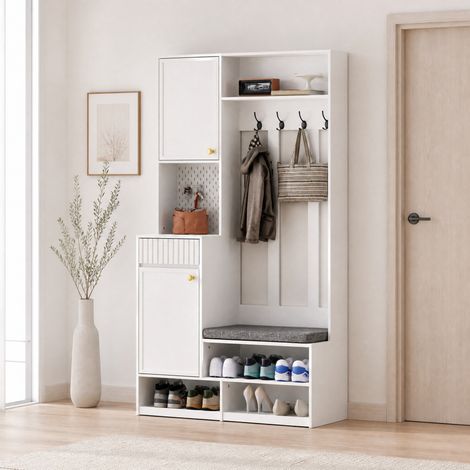 Mobile ingresso con panca, 4 ganci, armadio e cassetto, bianco, 100 x 180 x 35 cm HAVRYA (1/5)