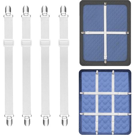 Lot de 4 tendeurs de drap de lit réglables de 50 à 200 cm avec clip en métal - Sangles de serrage pour draps, matelas, planche à repasser, canapé (1/5)