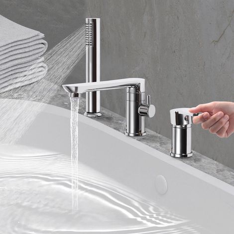 Rubinetto per vasca cromato, miscelatore monocomando per vasca a 3 fori, ugello di uscita dell'acqua girevole a 360°