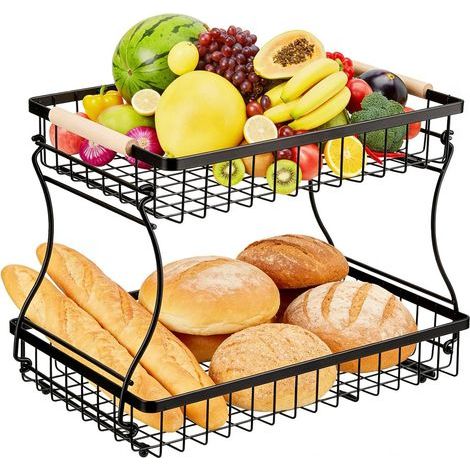 Corbeille à Fruits, 2 Étages en Métal – Panier à Fruits Moderne avec Poignées en Bois, Noir, pour Cuisine, Salle de Bain & Plus – Idéal pour Fruits, Légumes & Organisation (1/5)