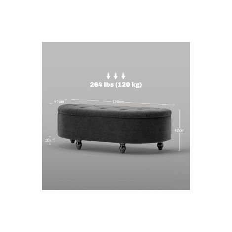 Banc coffre gris foncé en bois d'hévéa avec assise rembourrée effet velours et couvercle ouvrant pour chambre et entrée (1/5)
