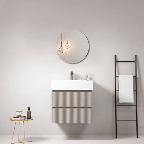 Mobile bagno sospeso cannettato 60 cm Grigio Cenere Lavabo in Resina Specchio Tondo - Fiji Paint