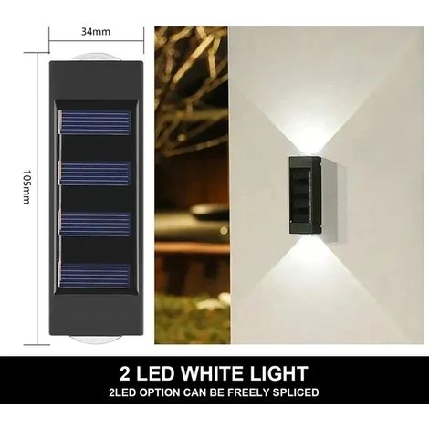 (2 LED blanches) Applique murale solaire extérieure 12 LED étanche pour jardin, cour, balustrade, lampe d'ambiance décorative, lampe solaire à éclairage indirect (1/5)