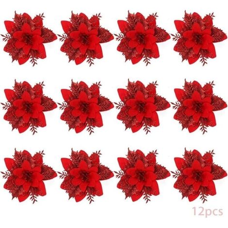 Fiori di Natale, 12 fiori di Natale glitterati, fiori di Natale glitterati cavi, stella di Natale artificiale, decorazione per albero di Natale (rosso-B)