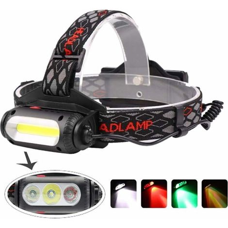 Linterna frontal recargable, potente linterna frontal LED COB de 1000 lúmenes con luz roja/verde/blanca para pesca, acampada, senderismo, visión nocturna (3 colores de luz), (1/5)