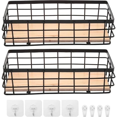 Lot de 2 paniers de rangement en métal avec fond en bois, paniers décoratifs pour le rangement de la maison, panier pour organiser les petits ustensiles de cuisine (1/5)