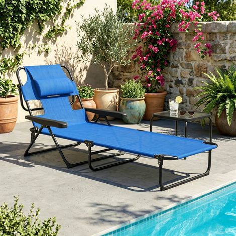 Chaise longue de jardin pliante avec dossier réglable, coussin et ouverture pour le visage, bleu foncé (1/5)
