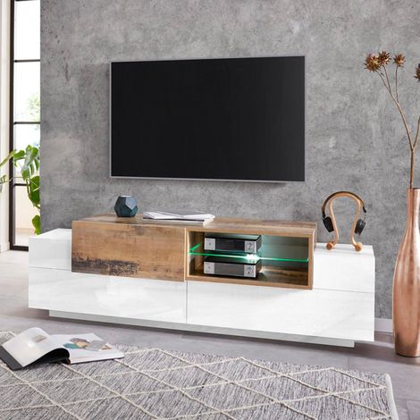 Porta Tv New Corona Moderno 2+1 Ante Battenti Ripiano Vetro Bianco Acero Pereira (1/5)