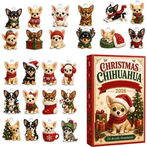 Calendrier de l'Avent Noël 2026 Chihuahua, 24 ornements en acrylique à suspendre, décoration de sapin thème chien (1/5)
