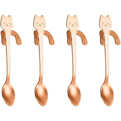 Un juego de cuatro cucharillas que se pueden colgar del borde de una taza, de acero inoxidable, con forma de gato (oro rosa). (1/5)