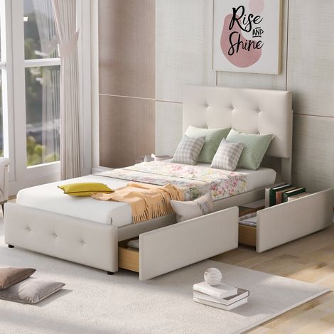 Cama tapizada 90/200 cm beige de terciopelo con cabecero, somier de láminas y cajón (1/5)